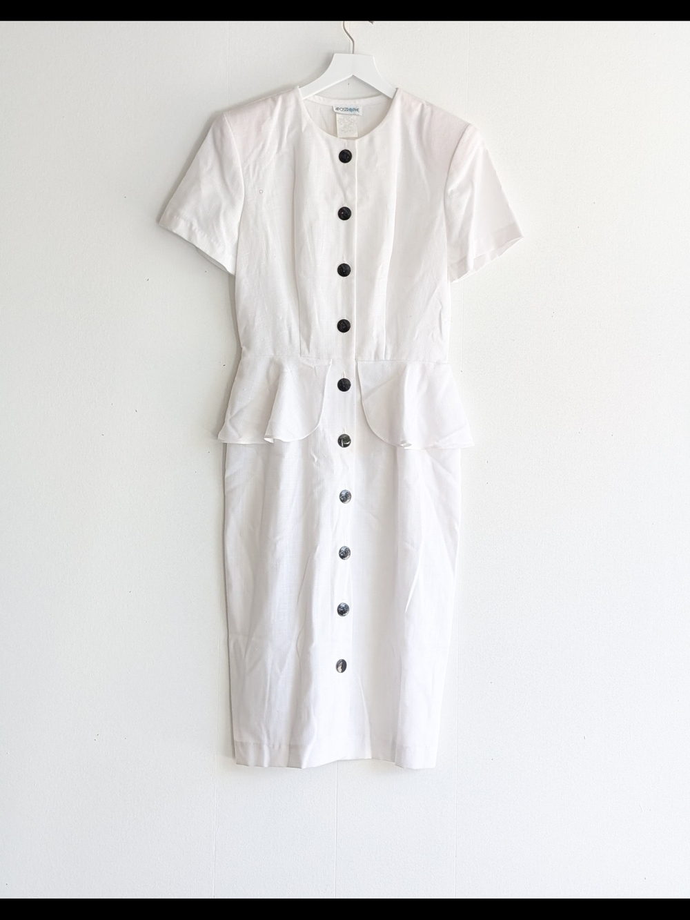 Apostrophe Vintage White 80s Dress Black Buttons Peplum Midi Size 10 USA